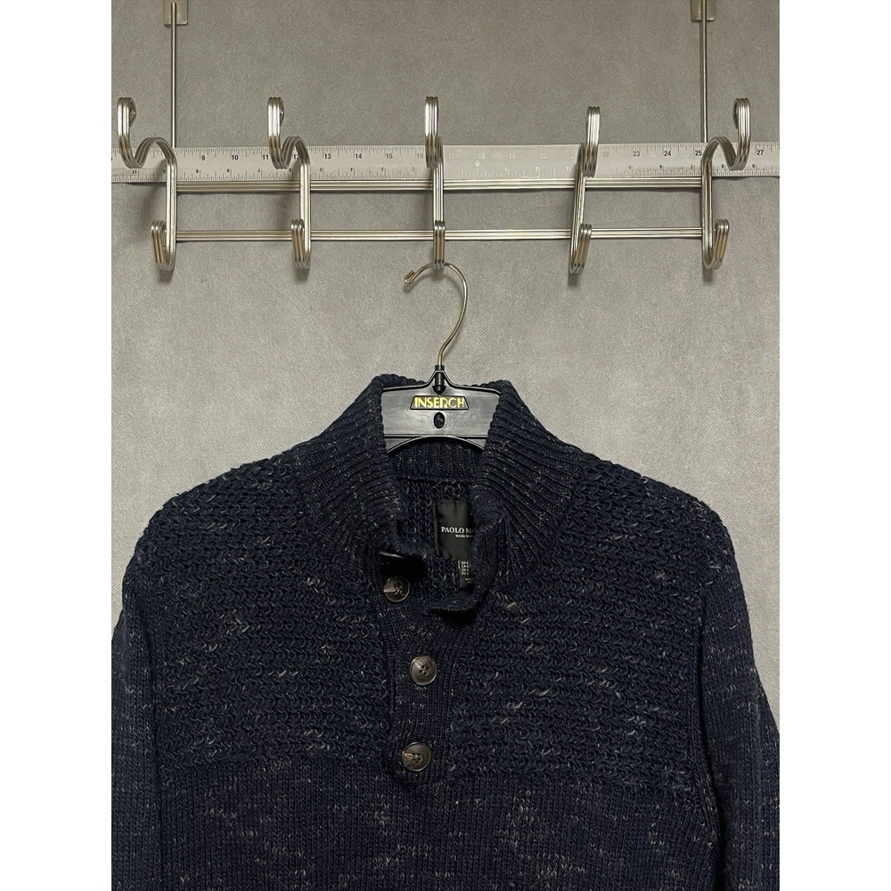 Paolo Mondo Sweater Men L Blue Italy Wool Blend Cable Knit Henley Casual Luxury